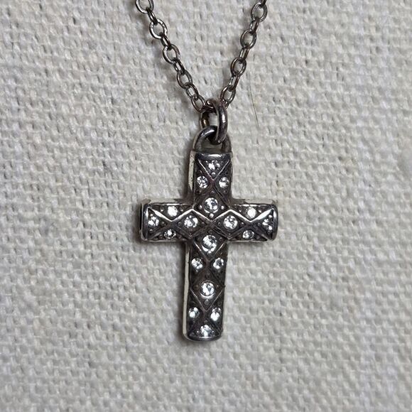 Brighton Silver Tone Crystal Pave Cross Pendant Necklace Double Sided 10" - Picture 1 of 12
